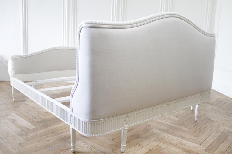 California King French Louis XVI Style Bed Upholstered in Linen at 1stDibs