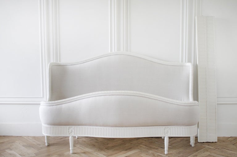 California King French Louis XVI Style Bed Upholstered in Linen at 1stDibs
