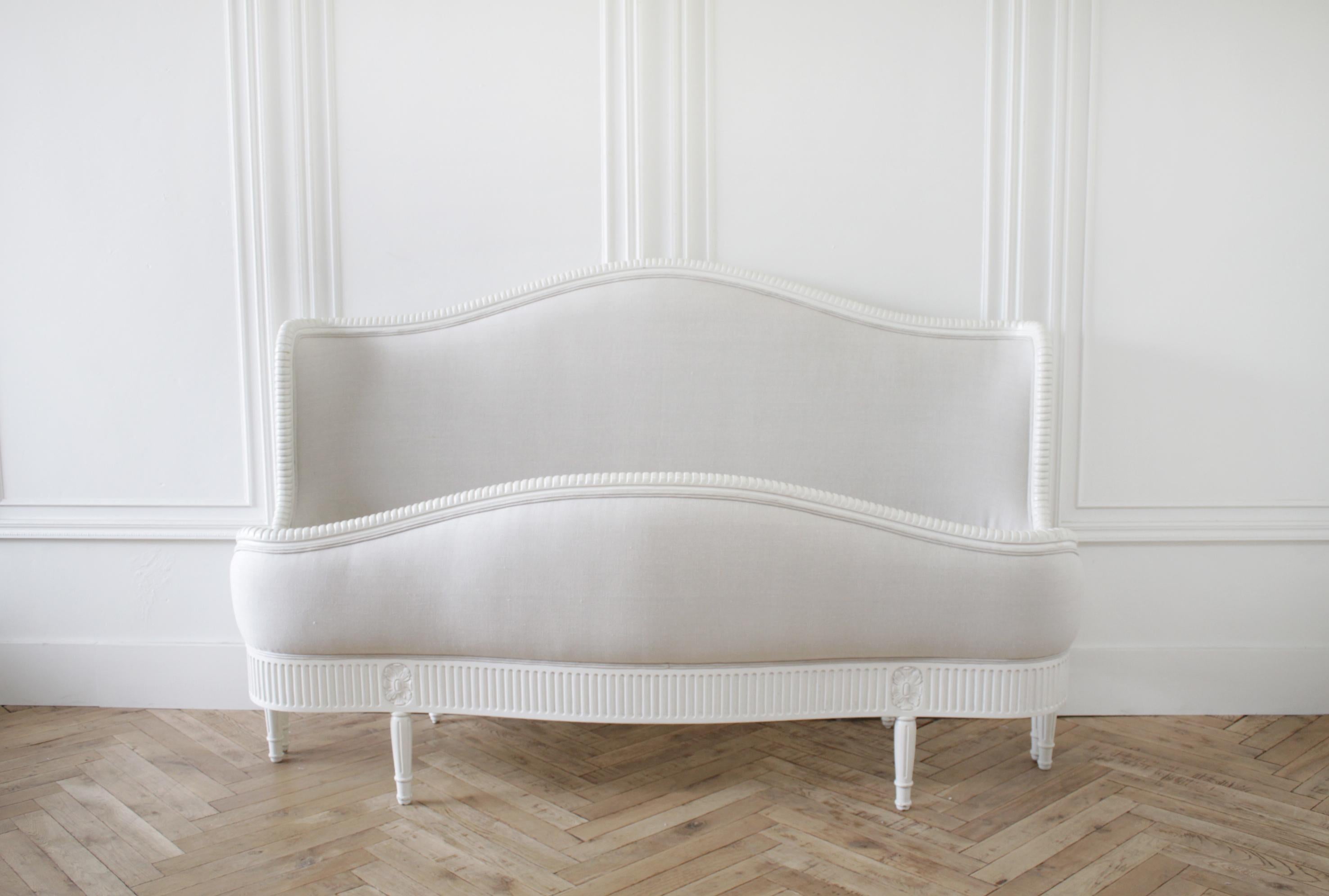 California King French Louis XVI Style Bed Upholstered in Linen 5