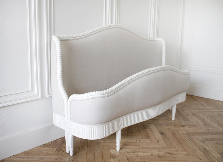 California King French Louis XVI Style Bed Upholstered in Linen at 1stDibs