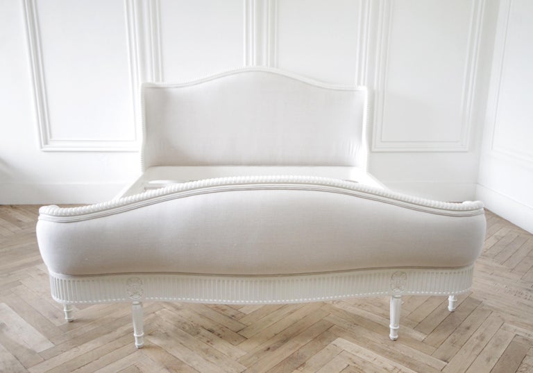 California King French Louis XVI Style Bed Upholstered in Linen at 1stDibs