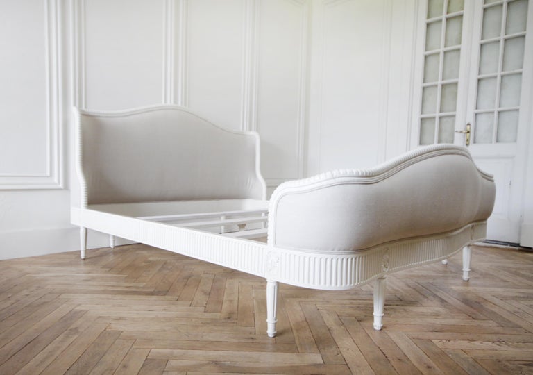 California King French Louis XVI Style Bed Upholstered in Linen at 1stDibs
