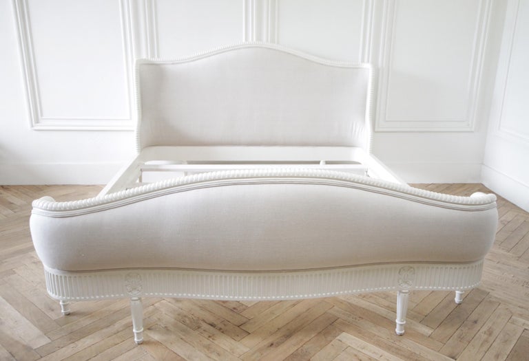 California King French Louis XVI Style Bed Upholstered in Linen at 1stDibs