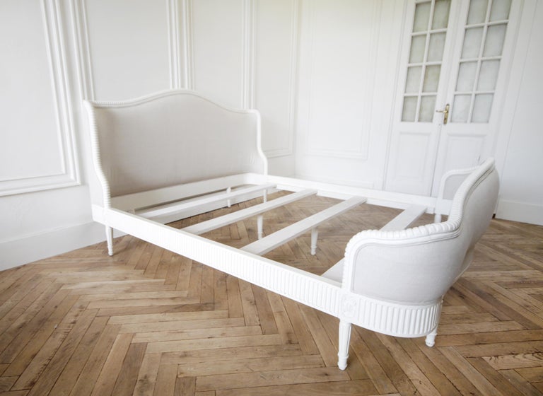 California King French Louis XVI Style Bed Upholstered in Linen at 1stDibs