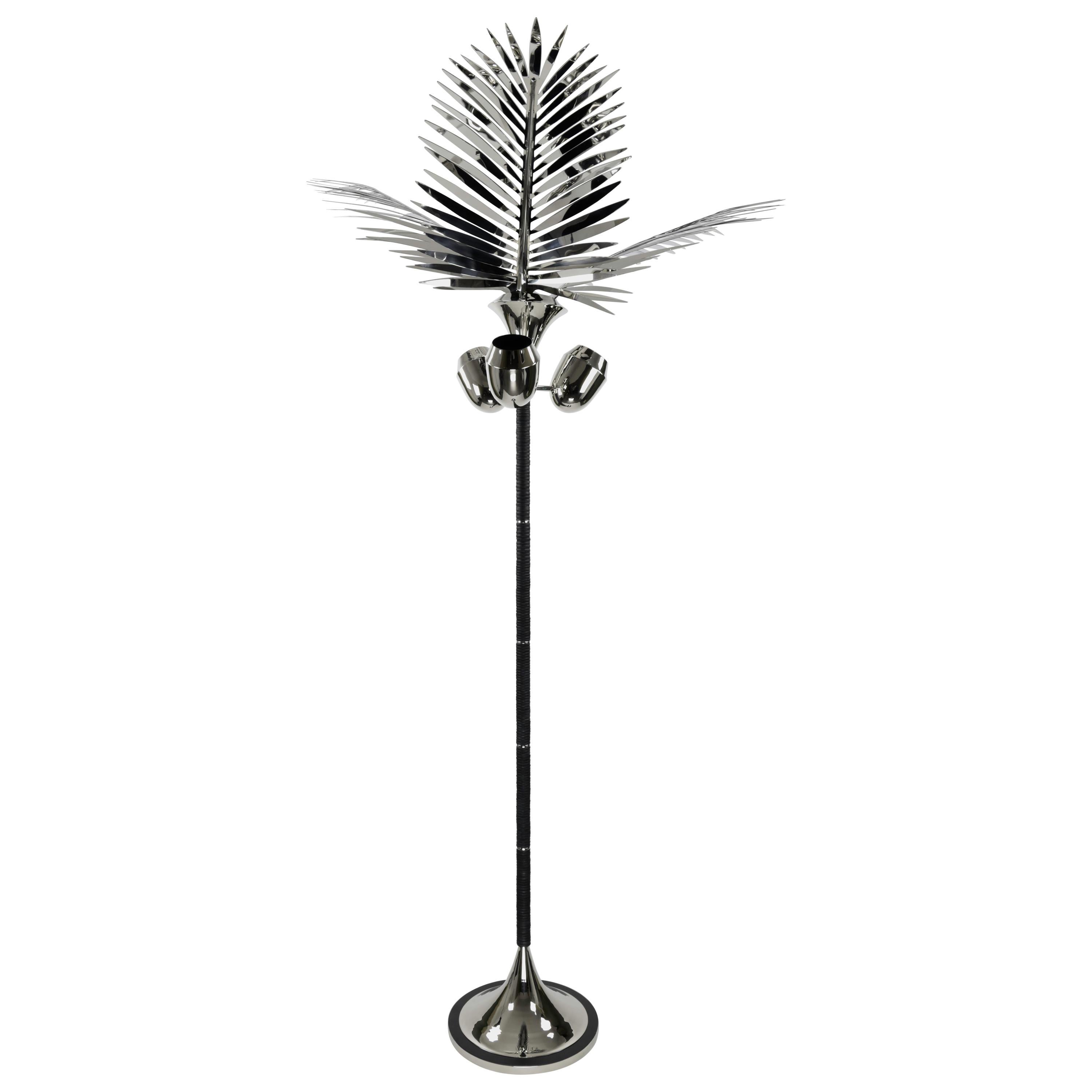 Lampadaire palmier royal en laiton nickelé et cuir par C. Kreiling en vente