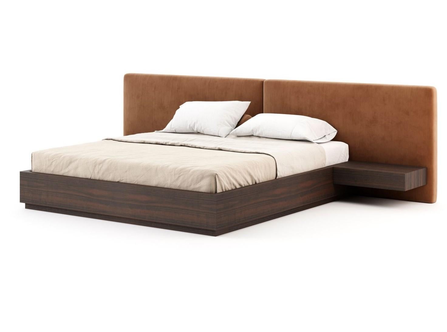 California King Size bed with oversized upholstered headboard that supports floating nightstands in matte wood veneer. See attached photos for wood and velvet colors. 
The bed frame is offered in velvet upholstery or in wood veneer. 
Contact us to