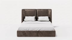 California King Storage Bed with Woven Leather Textured Headboard In Beige Taupe
