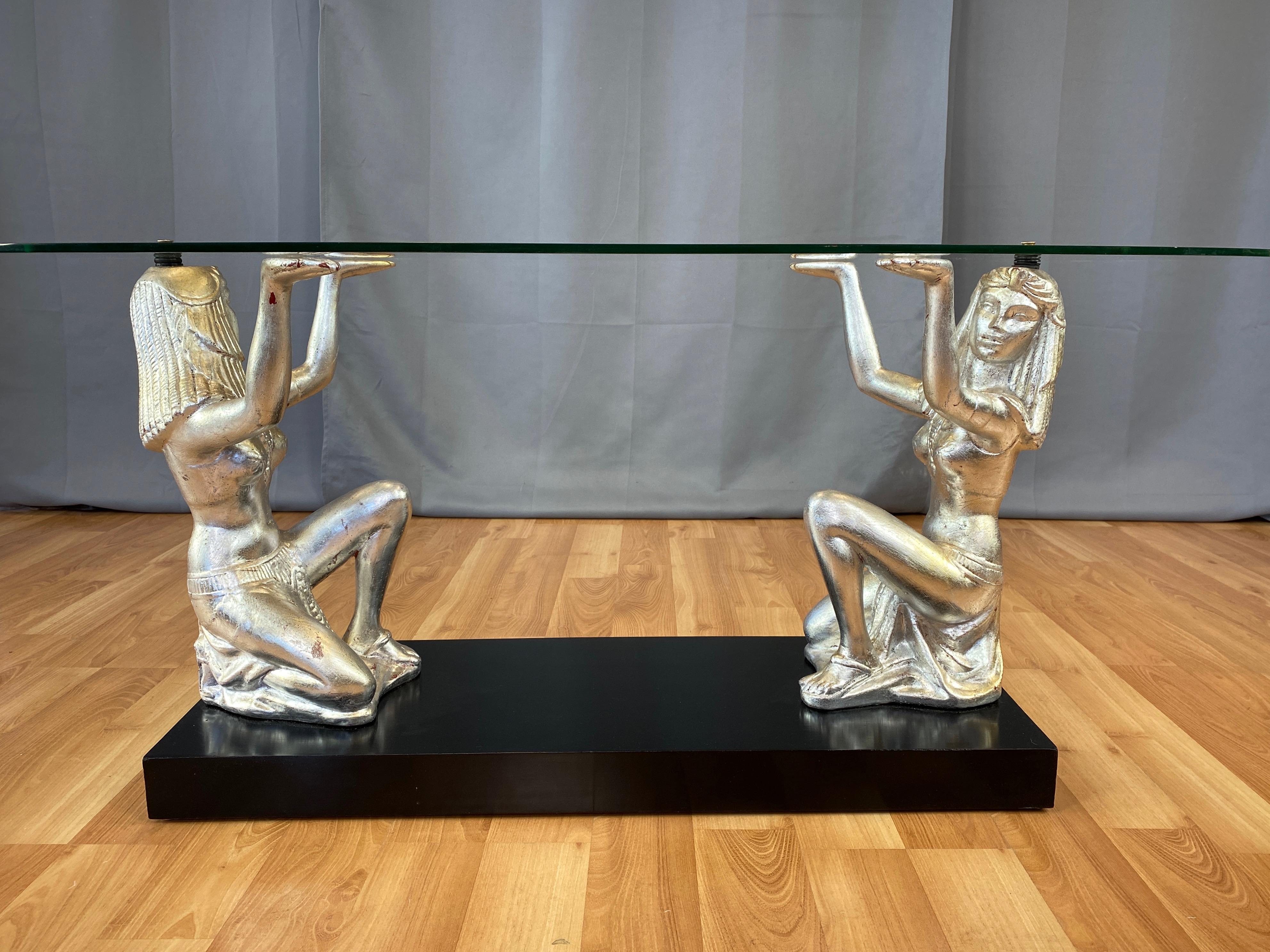 California Lamps & Shades Co. Silvered Egyptian Figures Glass Coffee Table, 1951 For Sale 5