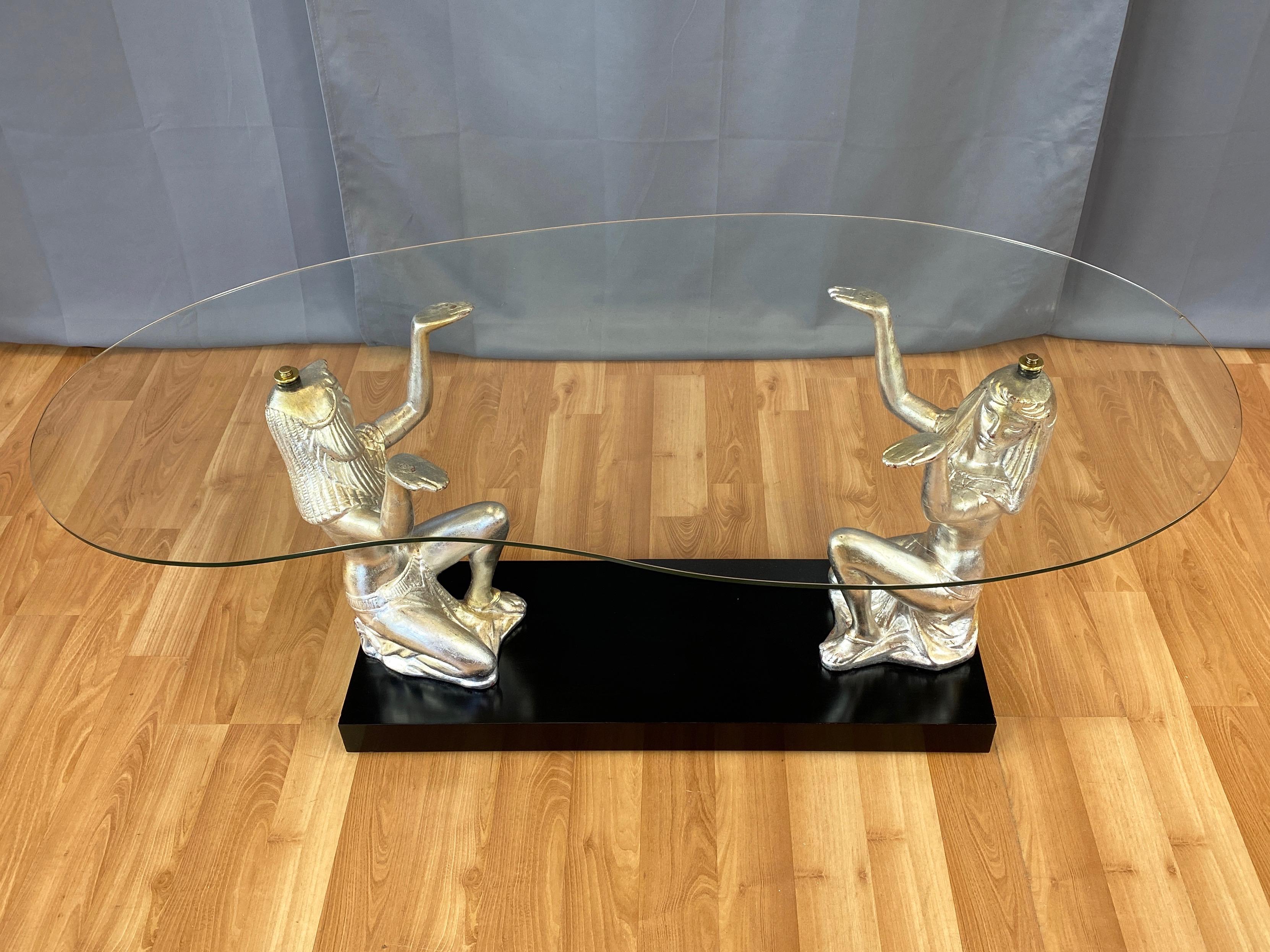 California Lamps & Shades Co. Silvered Egyptian Figures Glass Coffee Table, 1951 For Sale 6