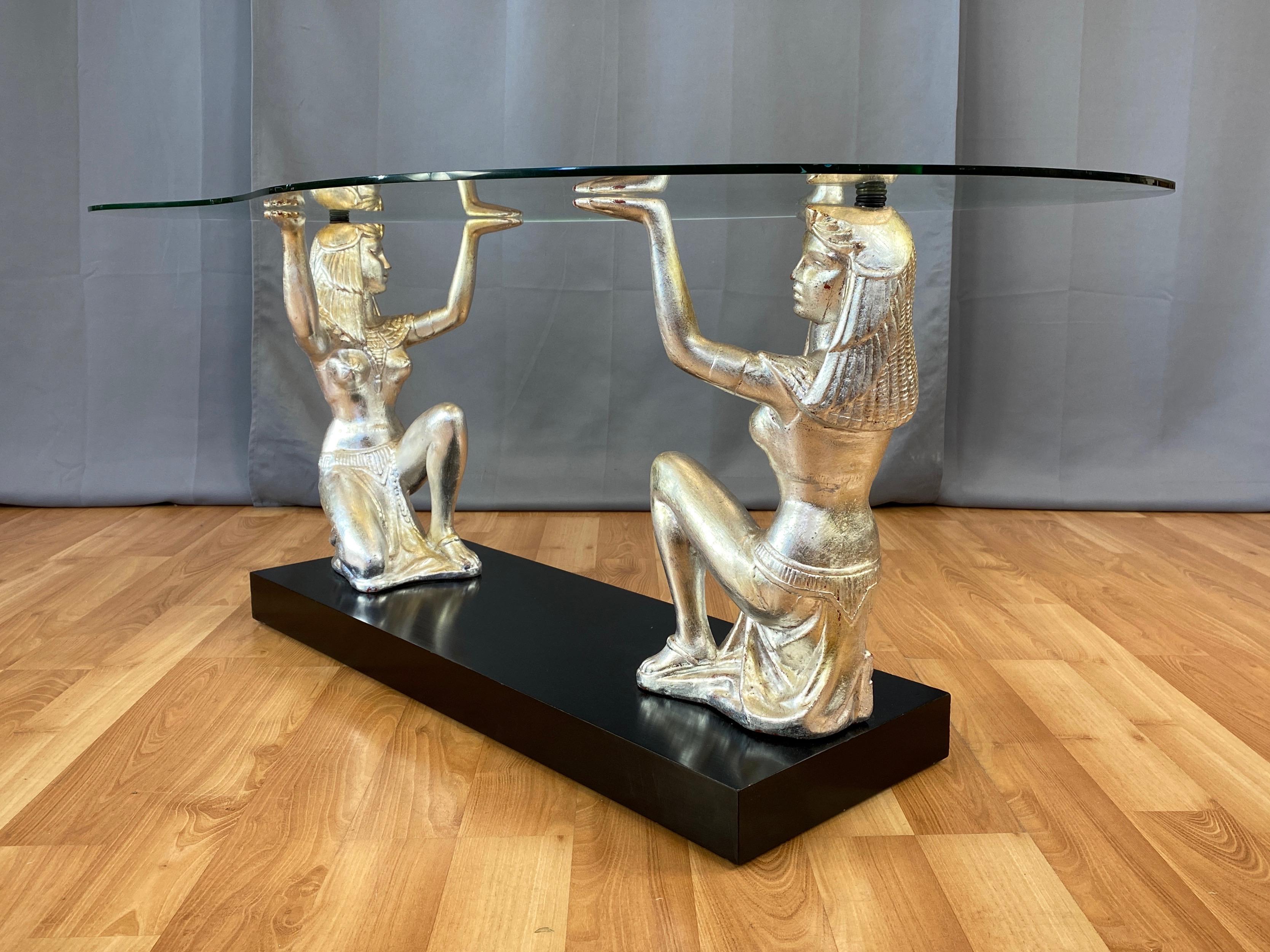 Hollywood Regency California Lamps & Shades Co. Silvered Egyptian Figures Glass Coffee Table, 1951 For Sale