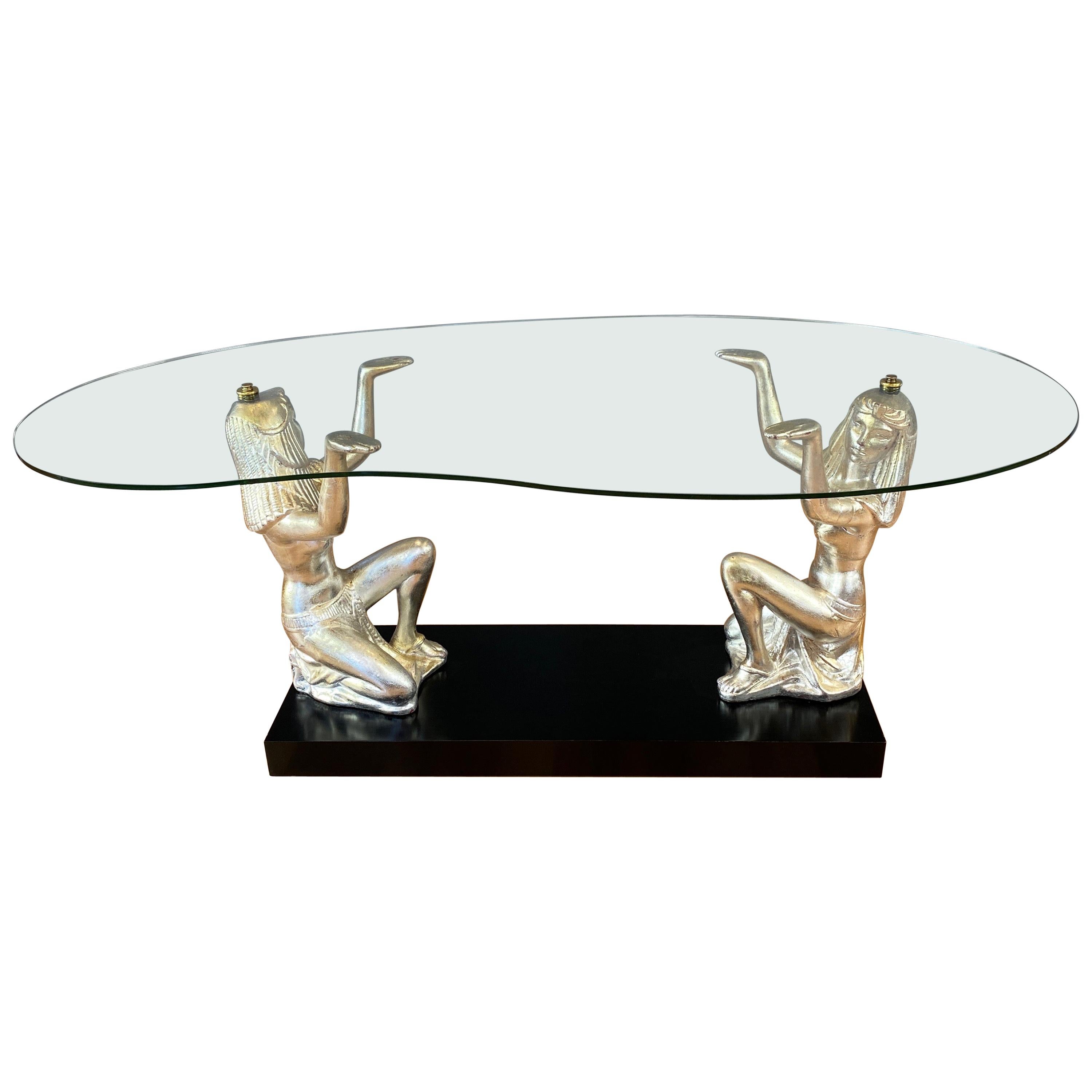 California Lamps & Shades Co. Silvered Egyptian Figures Glass Coffee Table, 1951 For Sale