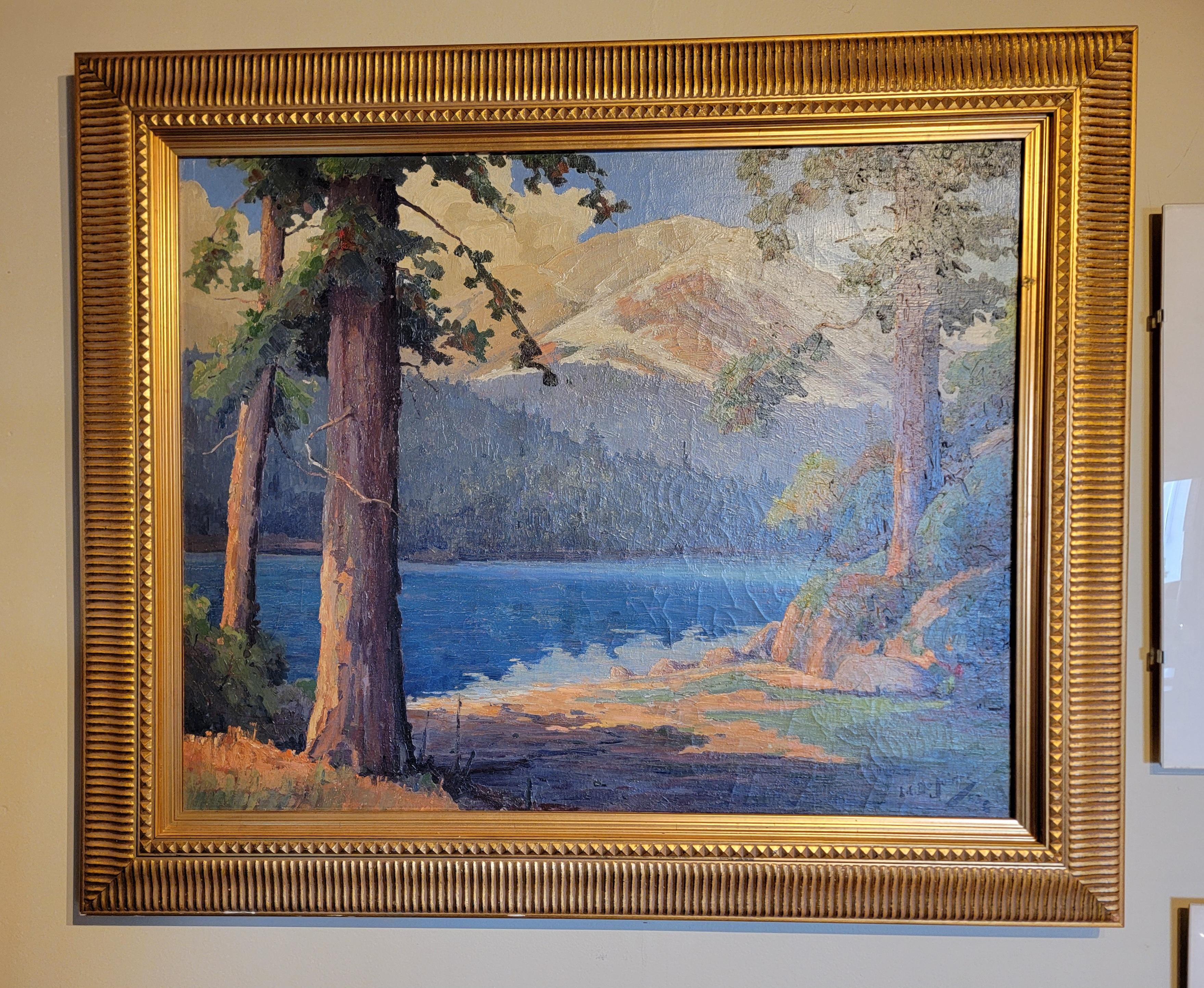 Original impressionist oil painting on canvas of redwood trees, mountains and lake by listed California Artist  Luther Evans De Joiner. (1886-1954). Born: 1886 - Switzer, Kentucky. Died: 1954 - Santa Cruz, California. Includes frame, canvas only