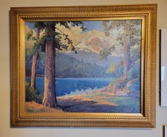 California Landscape Painting Redwoods & Lake by Luther Evans De Joiner
