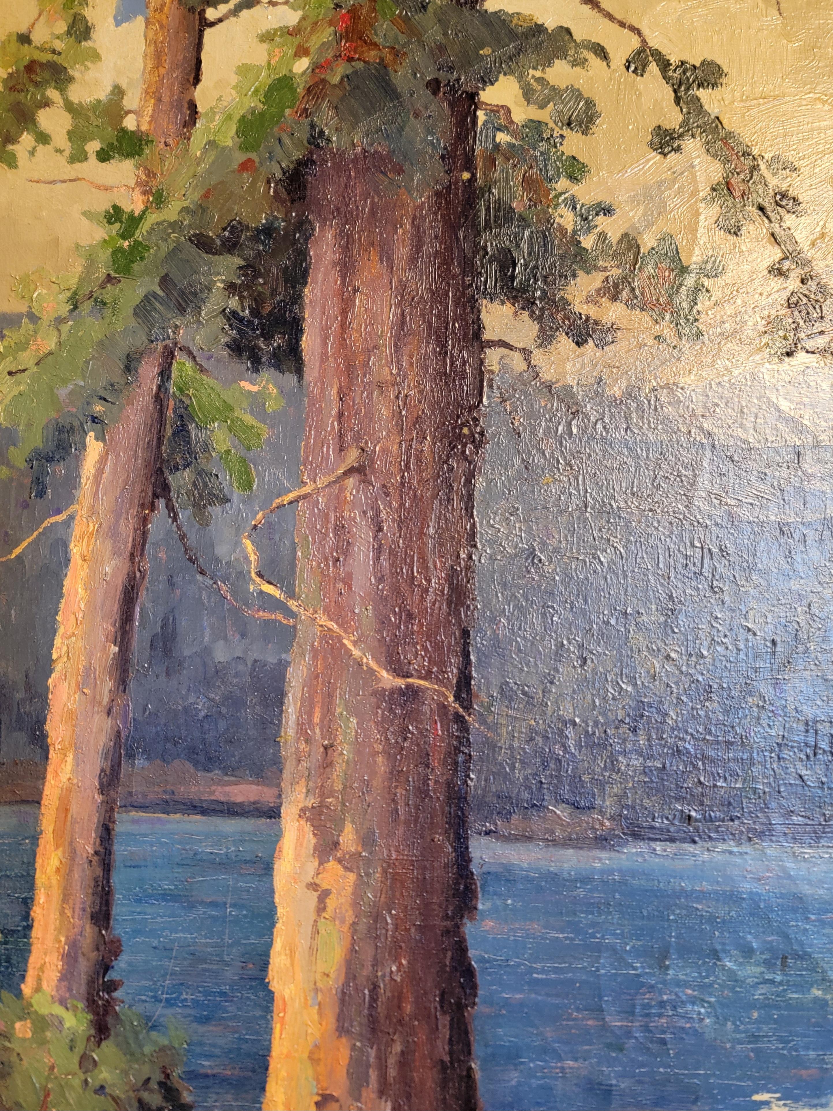 California Landscape Painting Redwoods & Lake by Luther Evans De Joiner In Good Condition For Sale In Fulton, CA