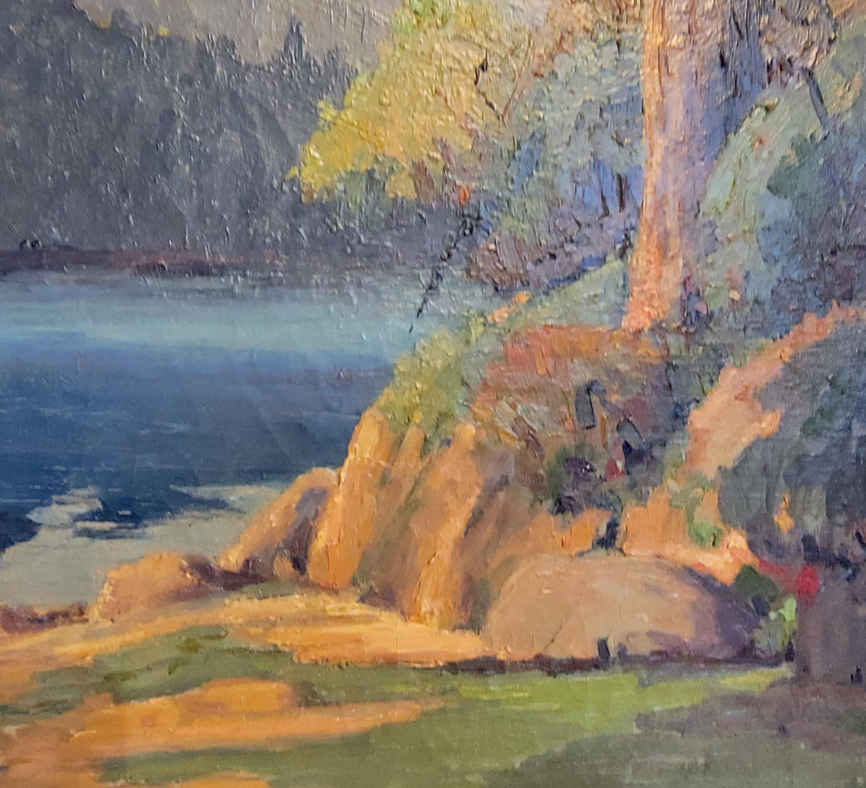 20th Century California Landscape Painting Redwoods & Lake by Luther Evans De Joiner For Sale
