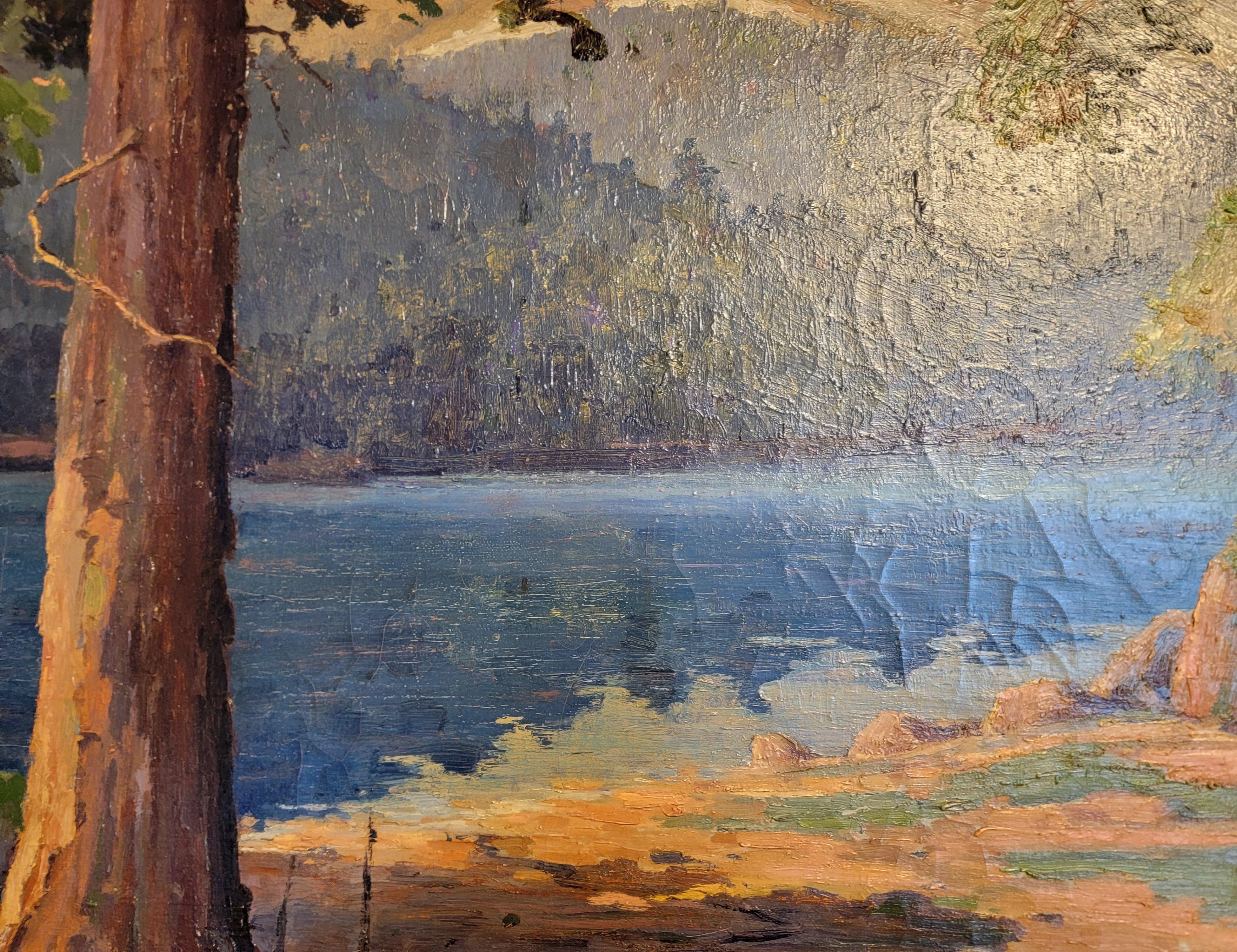 Canvas California Landscape Painting Redwoods & Lake by Luther Evans De Joiner For Sale