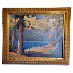 Retro California Landscape Painting Redwoods & Lake by Luther Evans De Joiner