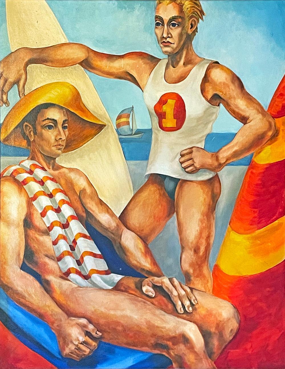 Saturée de couleurs primaires audacieuses - rouge profond, jaune brillant et bleu ciel - cette scène représente un maître-nageur blond debout, avec sa planche de surf d'un côté et un parapluie rayé de l'autre, accompagné d'un homme nu assis coiffé