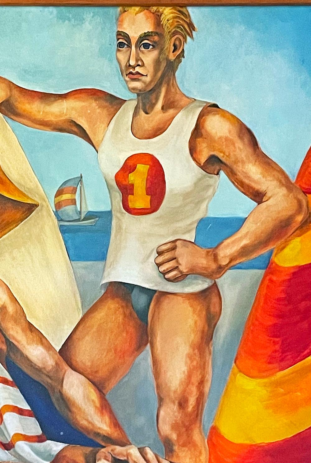 Mid-Century Modern « Californie Lifeguards », peinture du milieu du siècle avec nu masculin rouge, jaune et bleu en vente