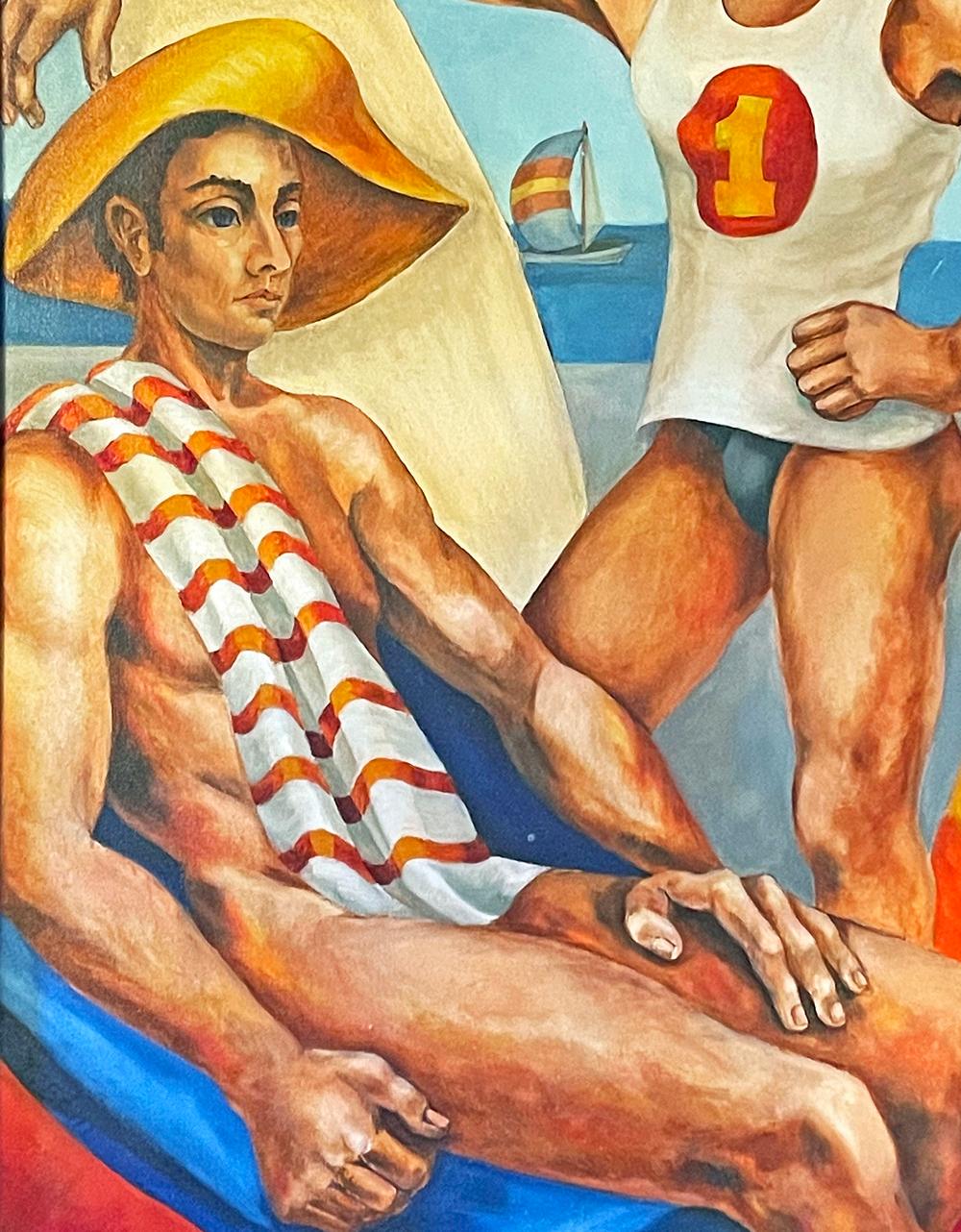 Américain « Californie Lifeguards », peinture du milieu du siècle avec nu masculin rouge, jaune et bleu en vente