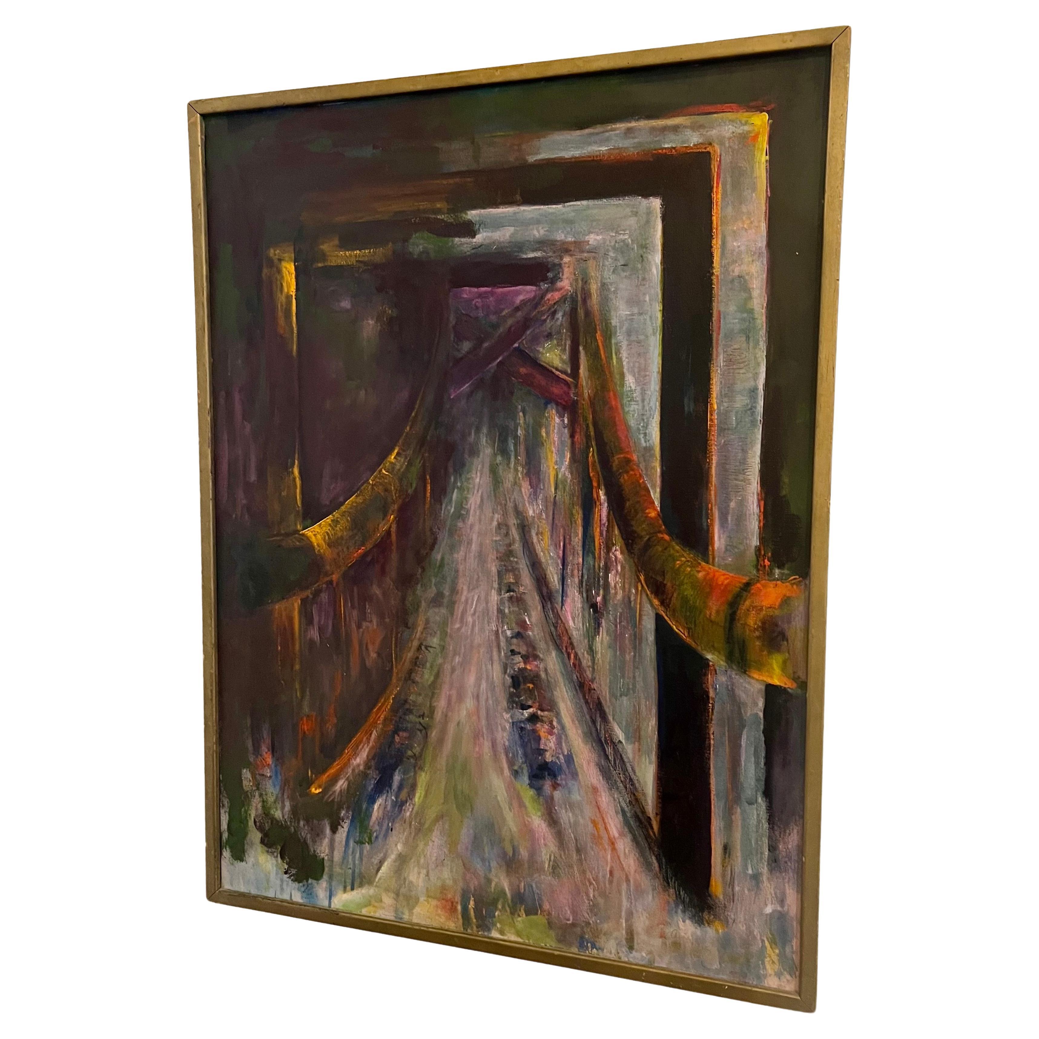 Original framed acrylic on canvas by San Francisco artist Merwin Richard Altfeld , California artist , 1913-2007 framed with gold painted wood frame nice well done piece by listed artist.