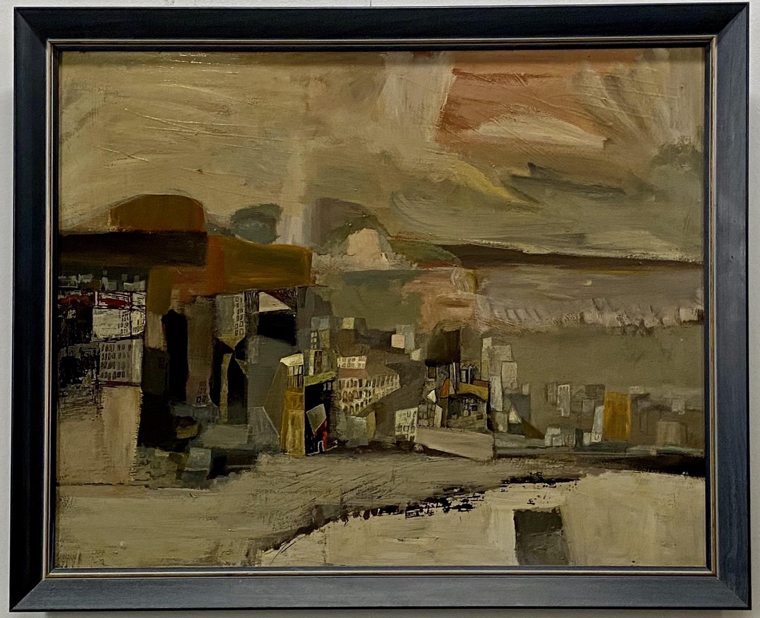 Modernist abstract cityscape painting by California artist Maurice Lapp.
Framed oil on masonite.
American, mid 20th century 1960's-1970's.
Maurice Lapp (Born 1925) was active/lived in California, Illinois.
