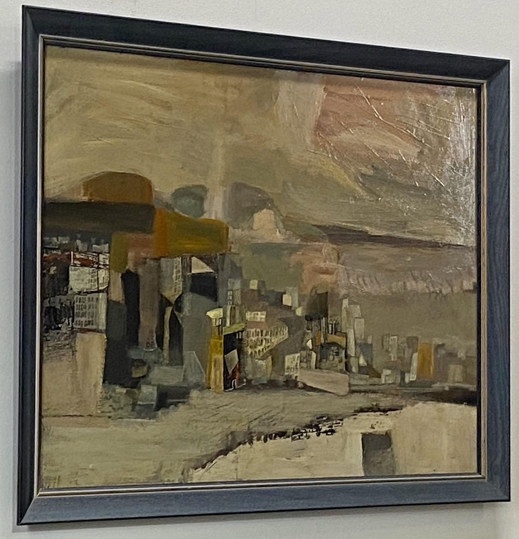 Hand-Painted California Mid-Century Modernist Abstract Cityscape Painting by Maurice Lapp