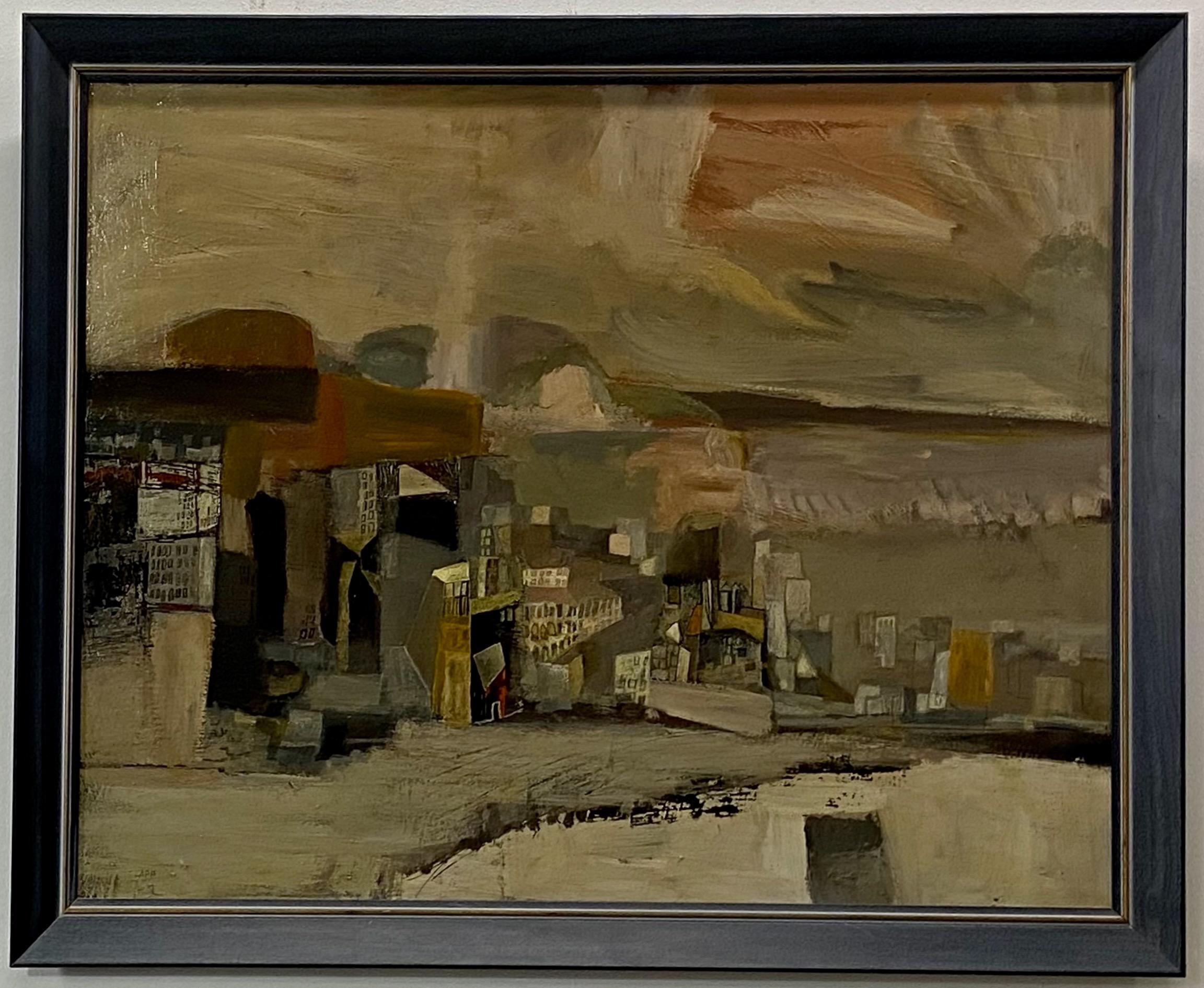 20th Century California Mid-Century Modernist Abstract Cityscape Painting by Maurice Lapp