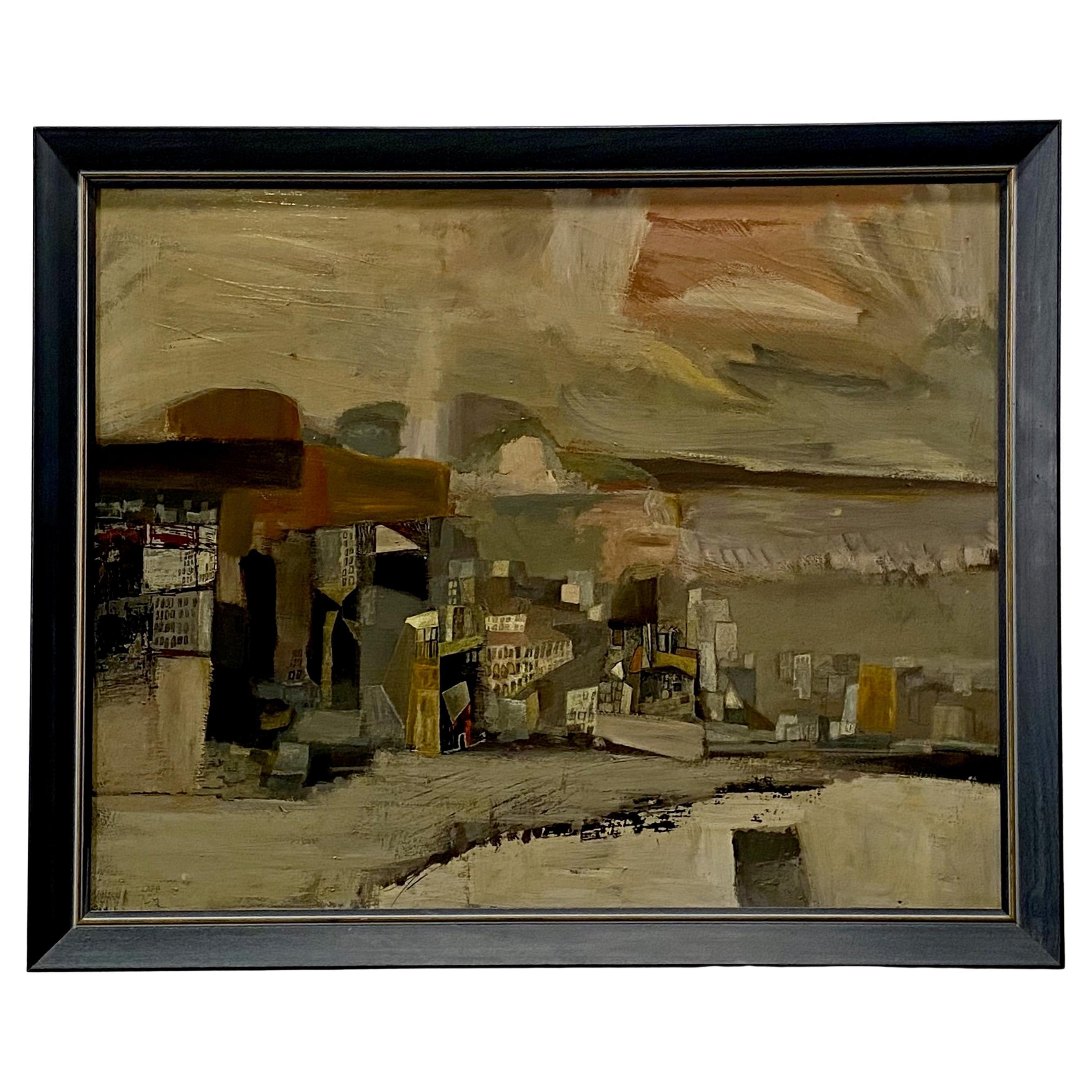 California Mid-Century Modernist Abstract Cityscape Painting by Maurice Lapp