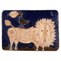 Vintage California Modern "Bird & Lion" Ceramic Plaque Art Work by Bertil Vallien