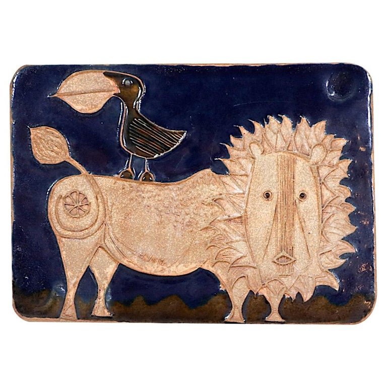 California Modern "Bird & Lion" Ceramic Plaque Art Work by Bertil Vallien For Sale