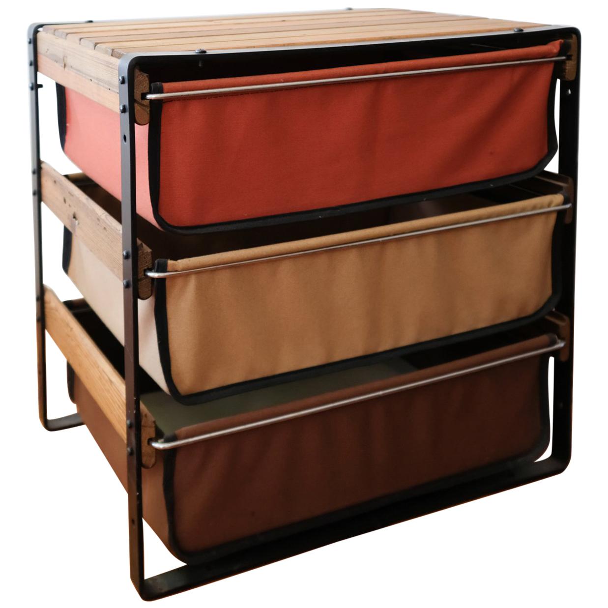 California Modern Canvas Wood and Iron Low Storage Unit with Canvas Drawers