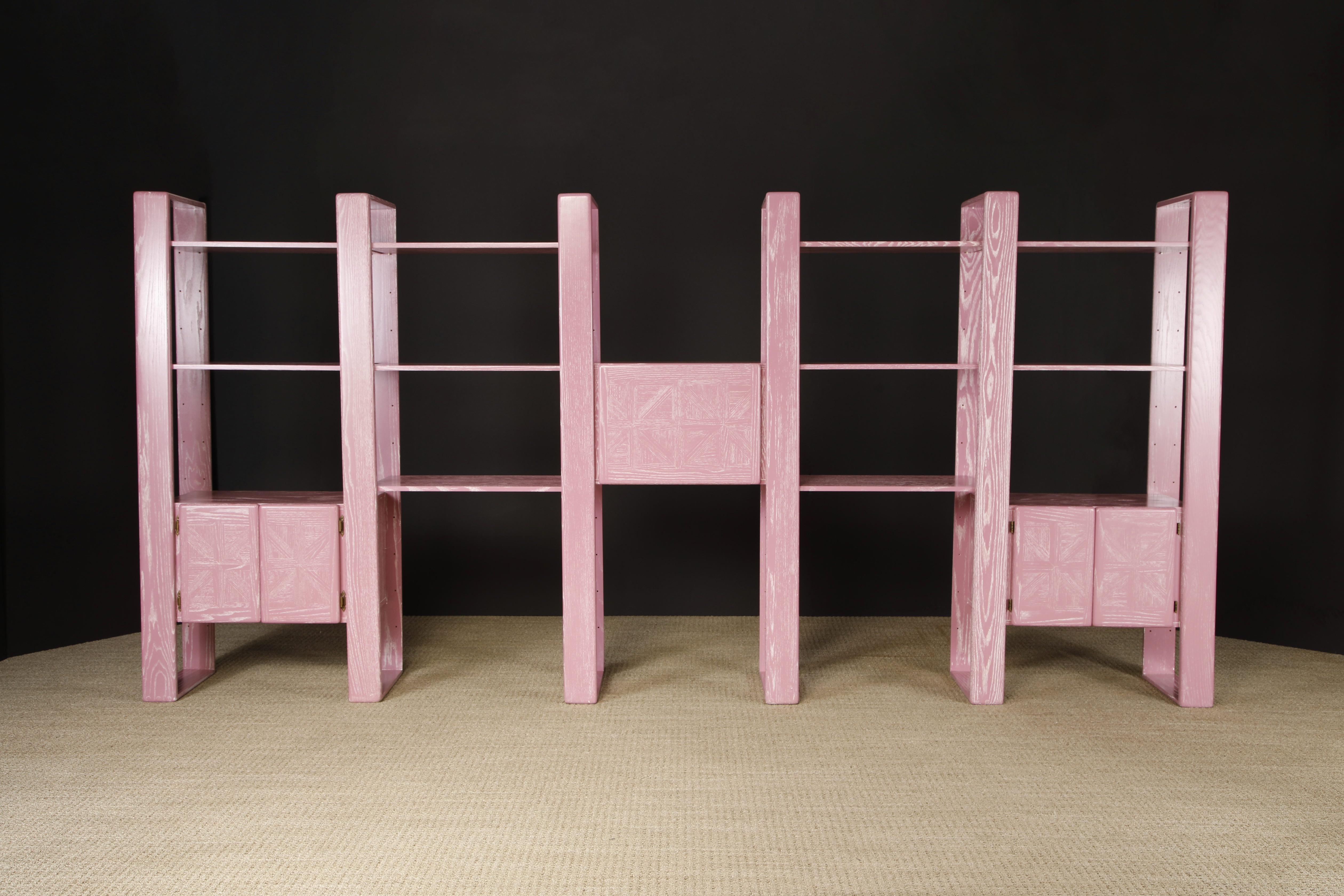 This 157.5 inch wide pink cerused oak modular wall bookcase, which is finished on the back so can also be used as a floating room divider, is by Lou Hodges and was designed and produced in California in the 1970s and 1980s. You can configure this