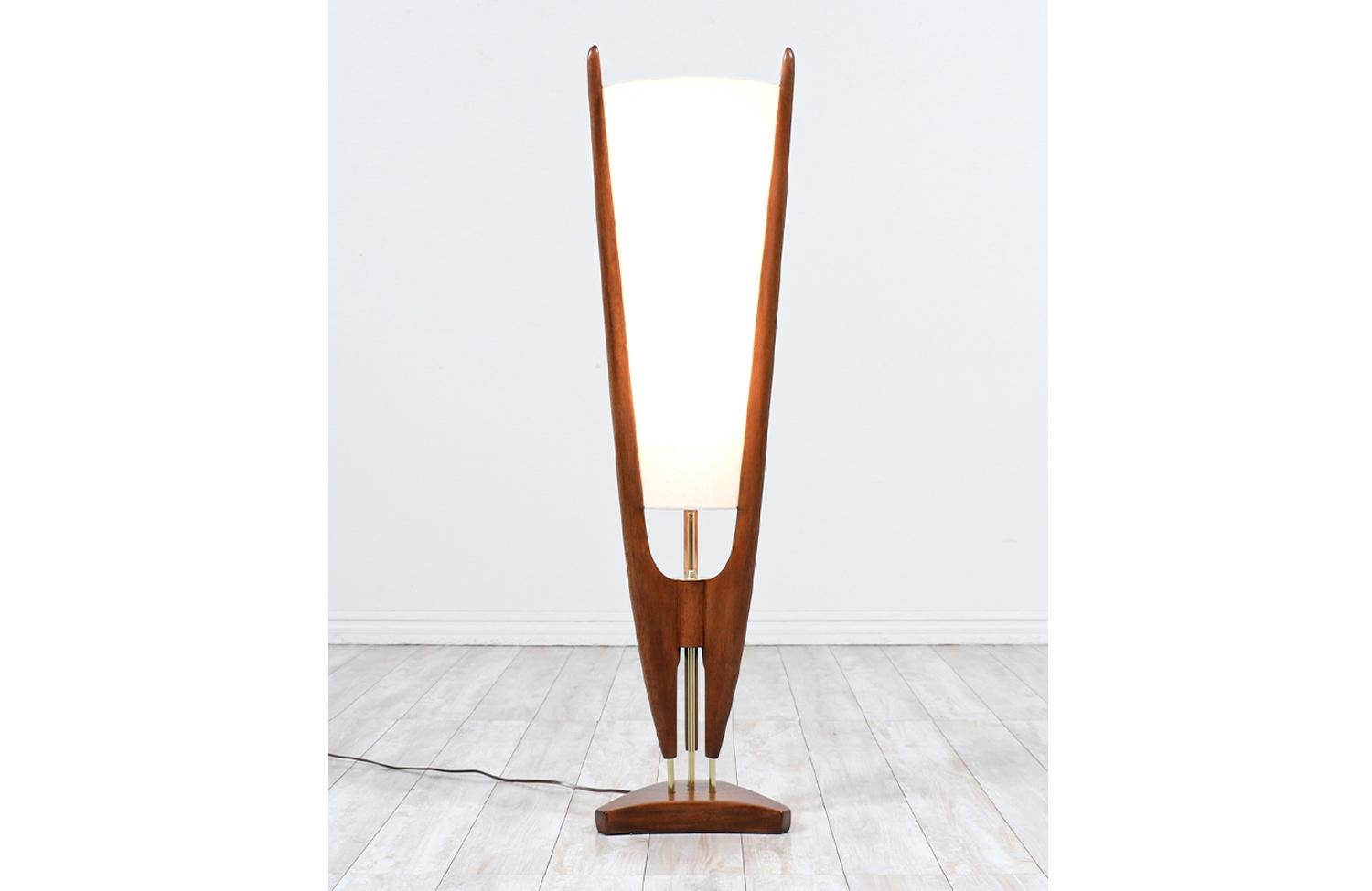 California Modern sculpted walnut & brass lamp with new linen shade for Modeline.