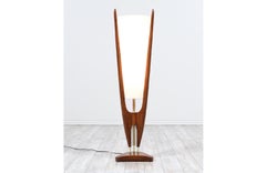 California Modern Sculpted Walnut & Brass Lamp with New Linen Shade for Modeline