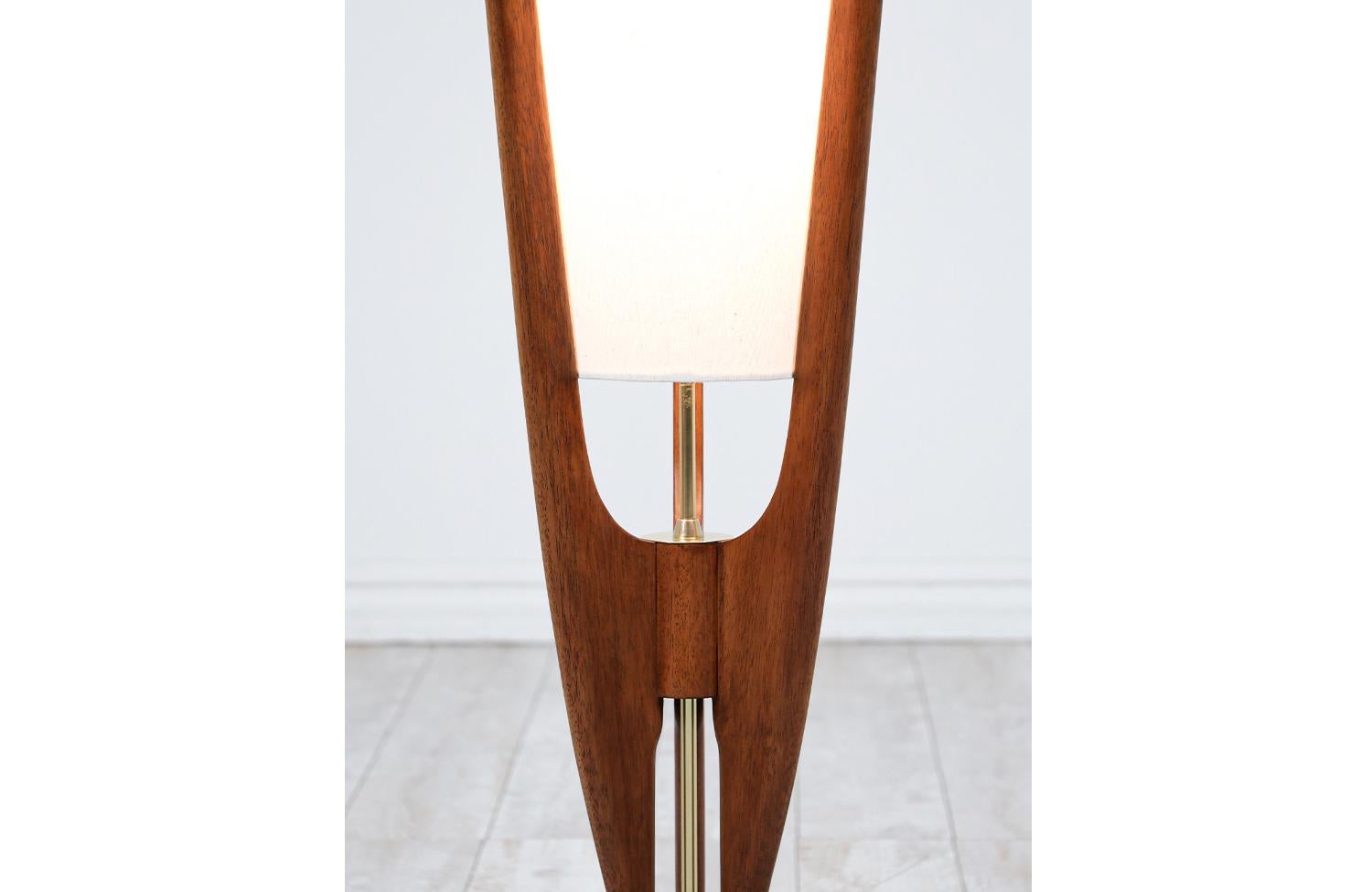 American California Modern Sculpted Walnut & Brass Lamp with New Linen Shade for Modeline