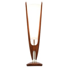 Used California Modern Sculpted Walnut & Brass Lamp with New Linen Shade for Modeline