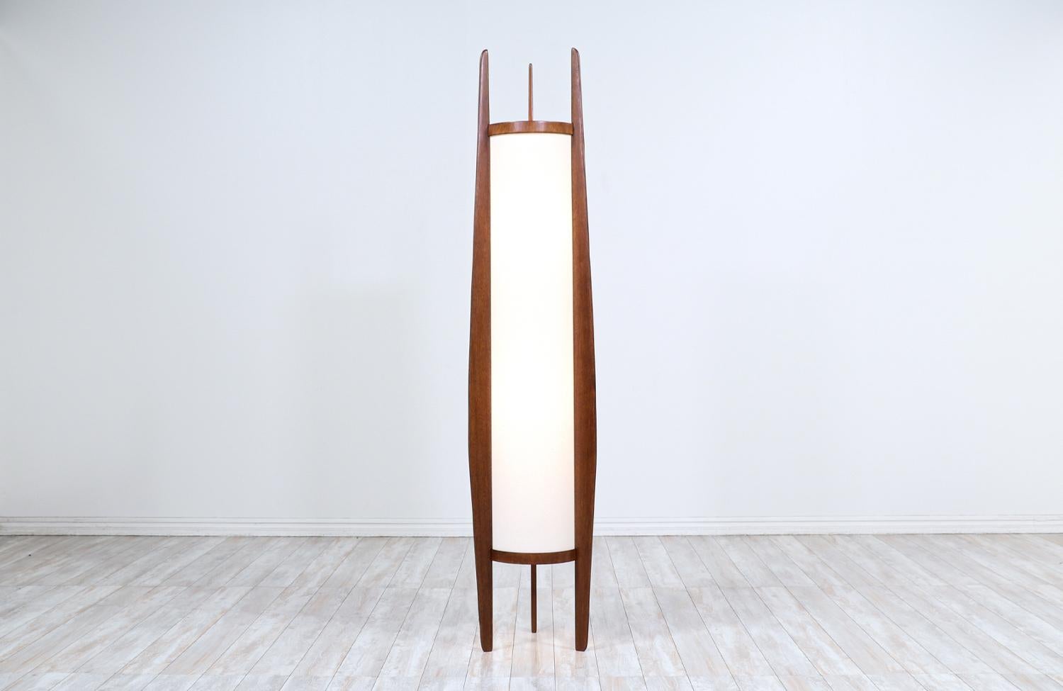 Mid-Century Modern California Modern Sculpted Walnut Floor Lamp with New Linen Shade by Modeline