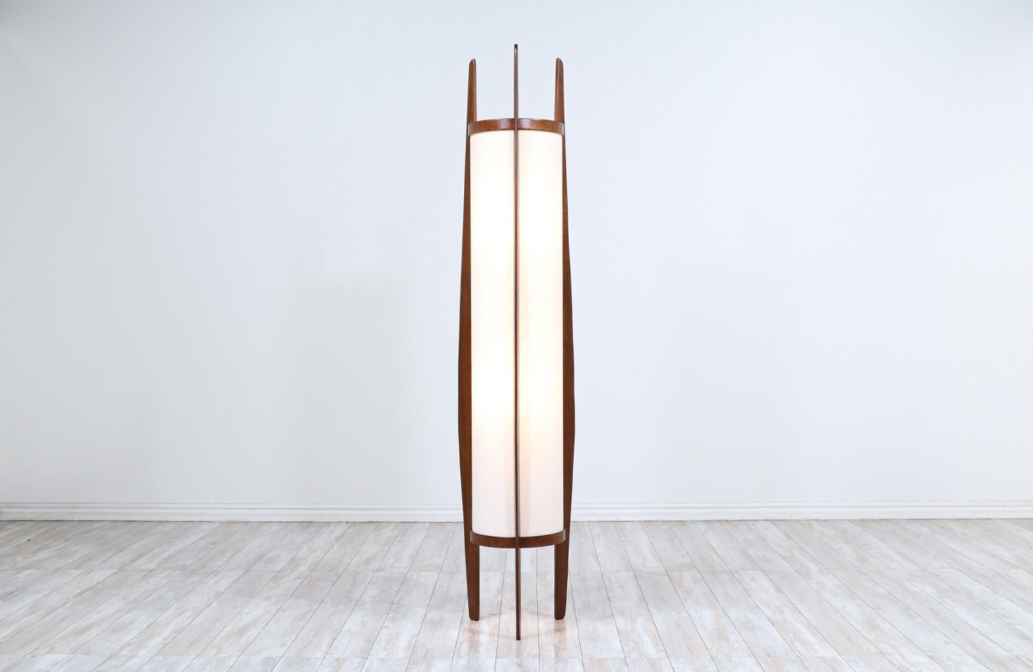 American California Modern Sculpted Walnut Floor Lamp with New Linen Shade by Modeline