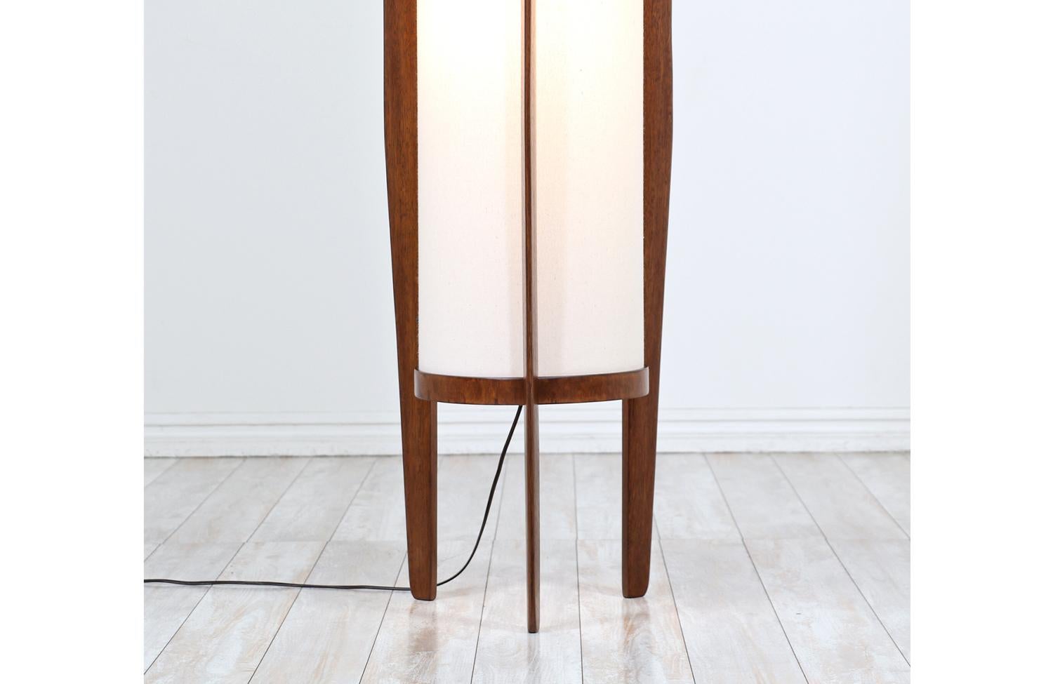 California Modern Sculpted Walnut Floor Lamp with New Linen Shade by Modeline 2