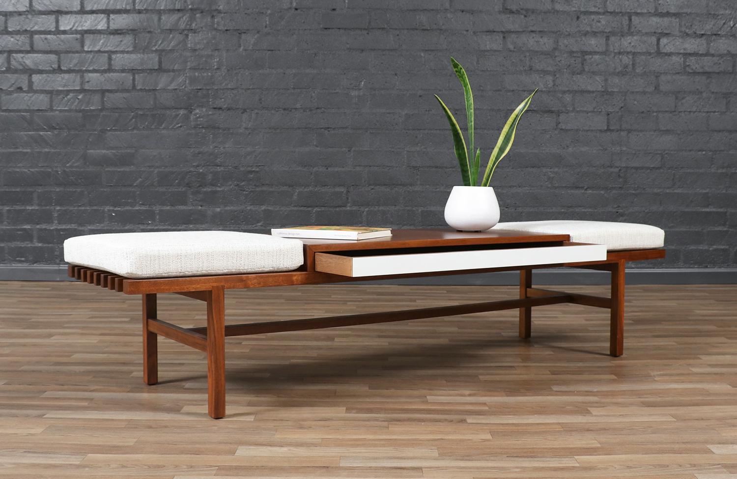 Fabric California Modern Slatted Bench / Coffee Table by John Keal For Sale