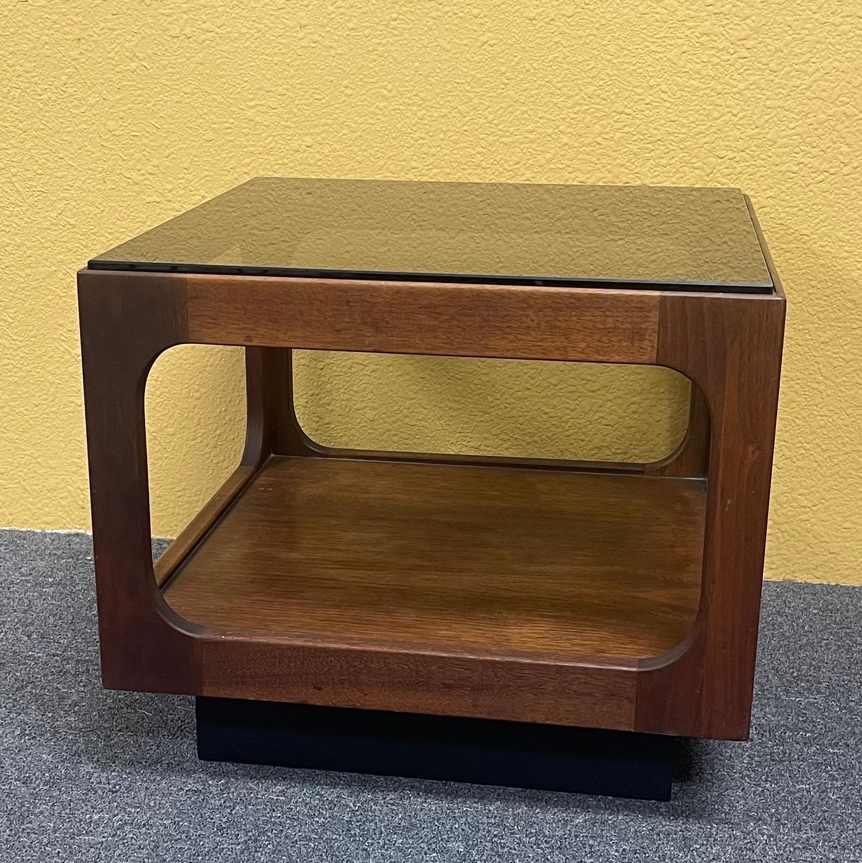 American California Modern Smoked Glass Walnut End Table by John Keal for Brown Saltman For Sale