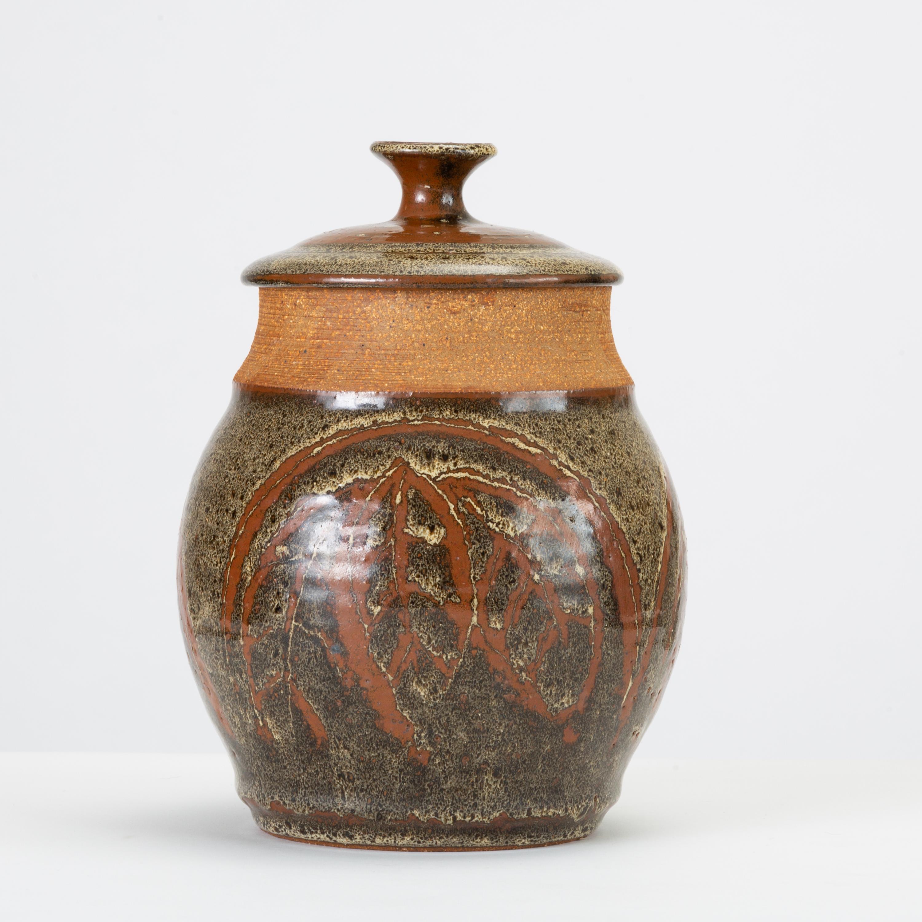 Glazed California Modern Studio Pottery Urn with Leaf Pattern by Don Jennings