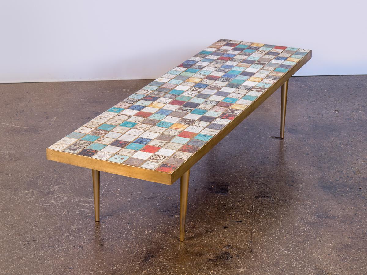 California Modern Tile-Top Brass Coffee Table In Excellent Condition In Brooklyn, NY