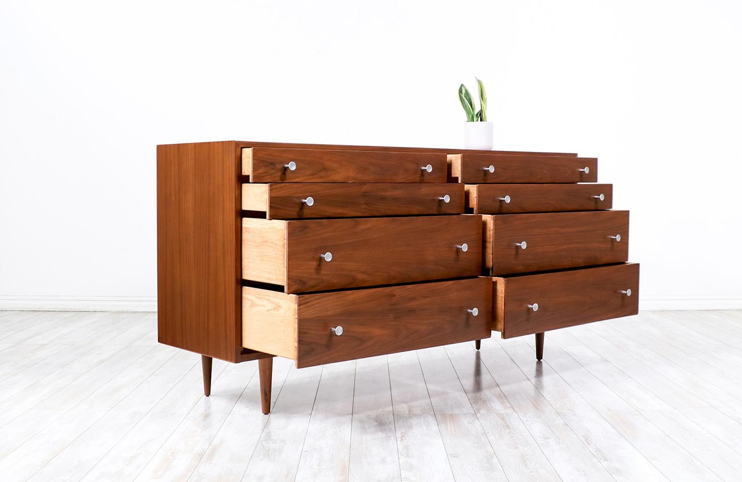 American California Modern Walnut Dresser with Tulip Style Pulls by Milo Baughman For Sale