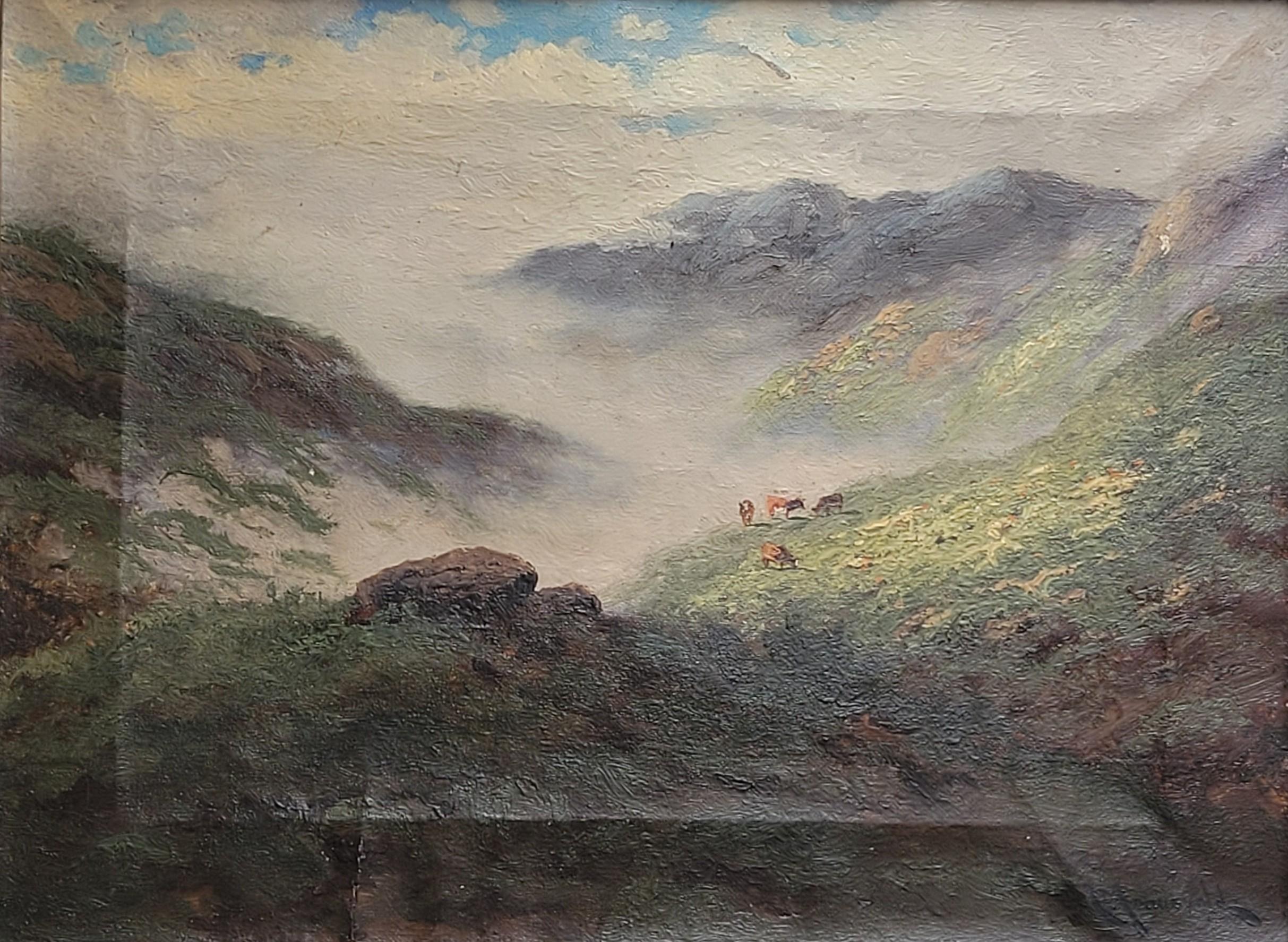 A beautiful California mountain landscape with cows, oil on canvas, by listed artist Carl Henrik Jonnevold (1856-1955). Jonnevold was born in Norway and immigrated to the United States, becoming an impressionist landscape painter who worked