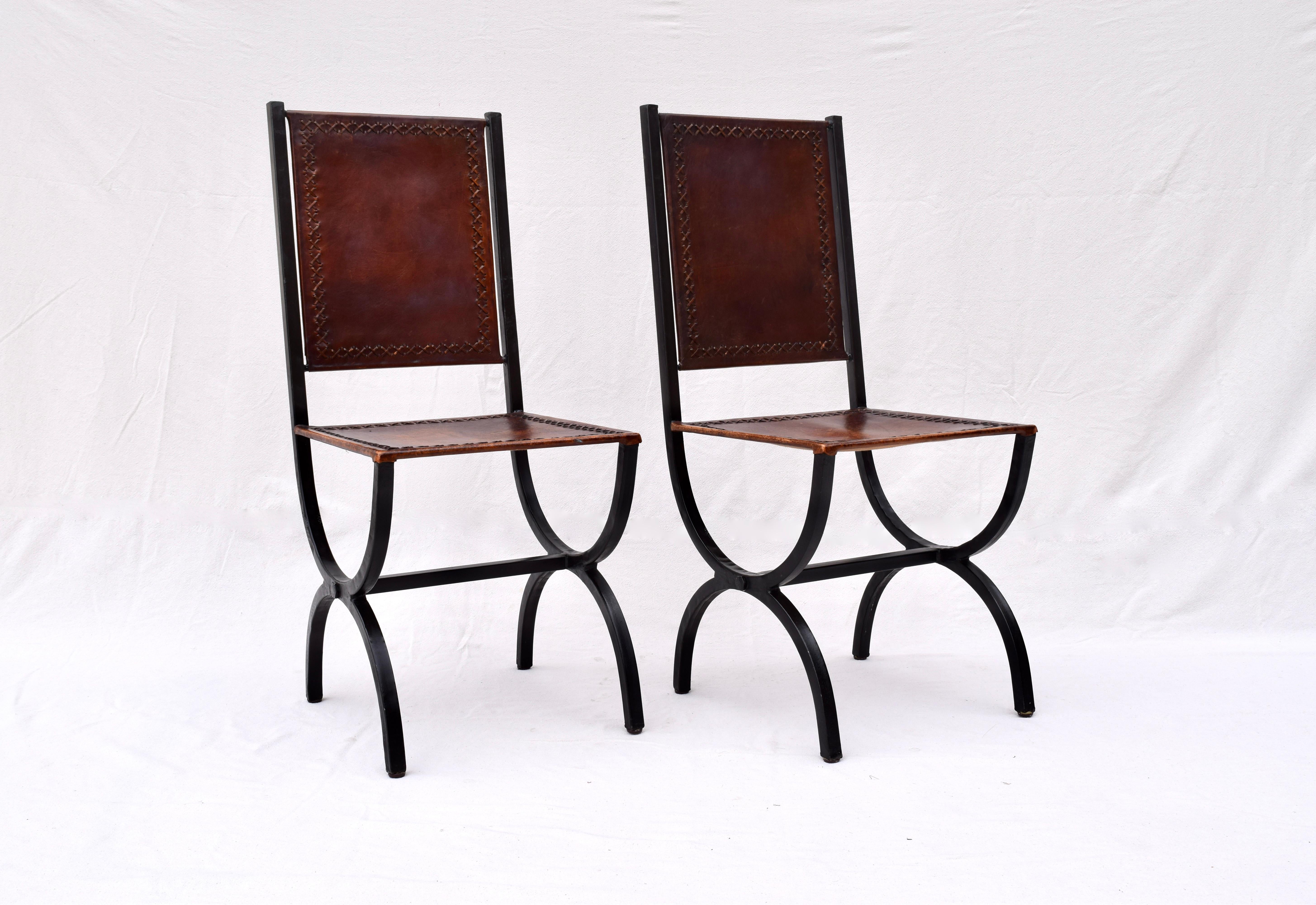 Contemporary California NapaStyle Iron and Leather Curule Form Dining Chairs