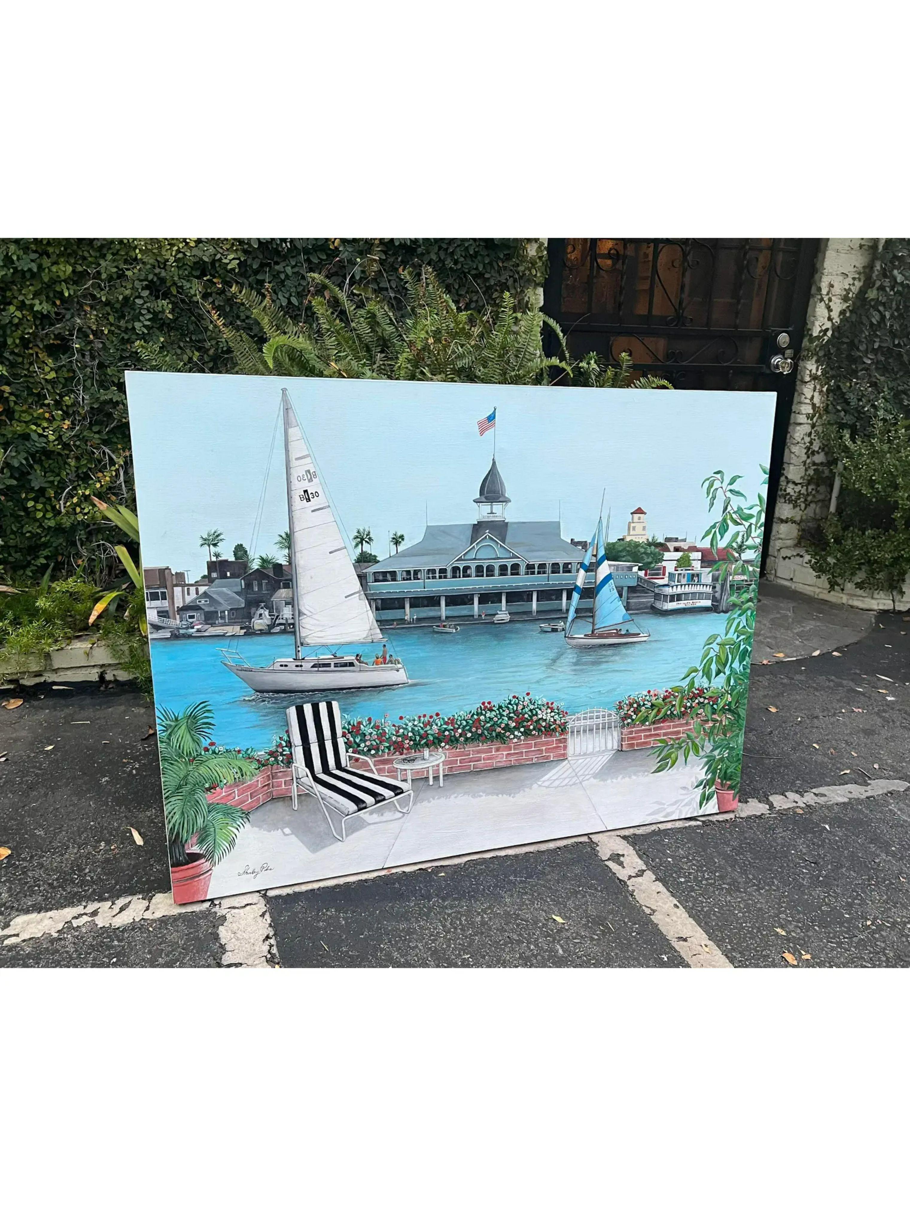 Original oil painting of Newport Balboa Harbor painting by California artist Shirley Piha. It is exquisitely painted and depicts a harbor scene off Balboa Island in Newport Beach, California. 

Additional information: 
Materials: Canvas,