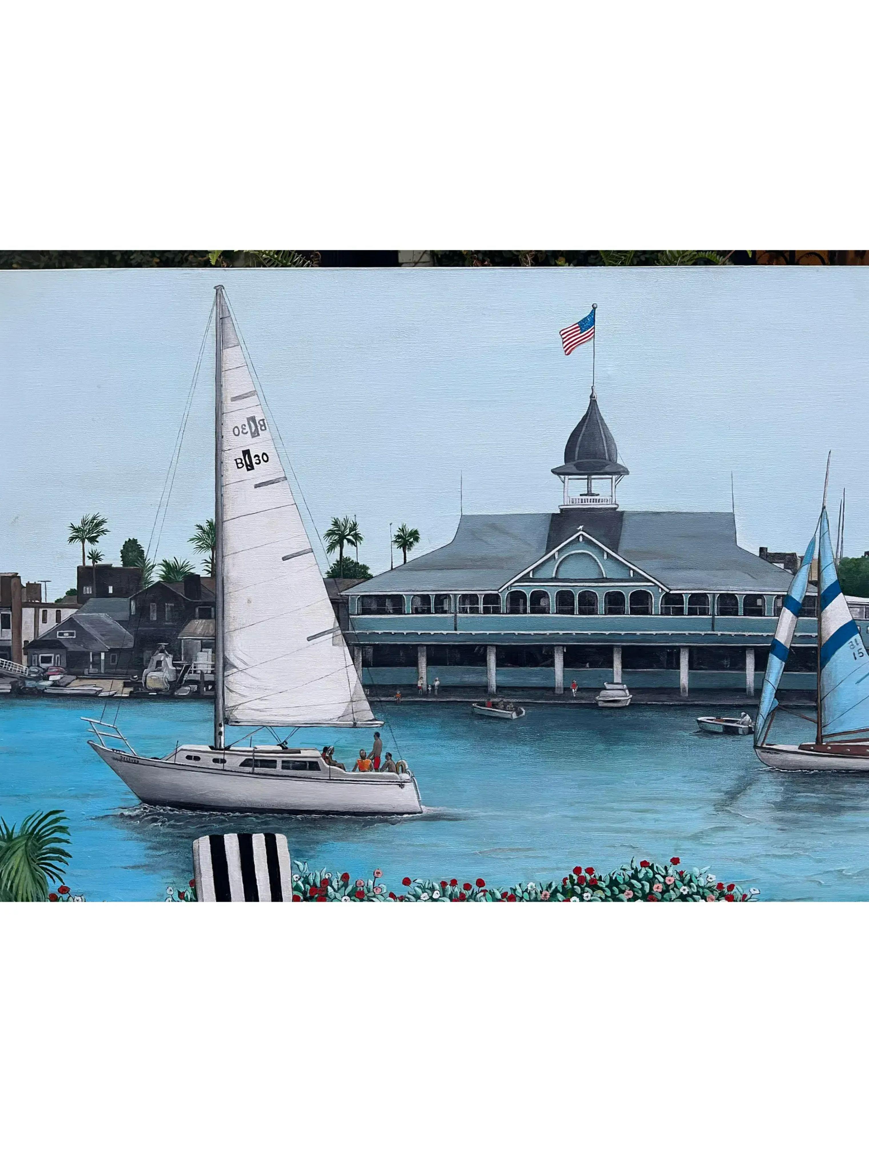 California Oil Painting of Newport Balboa Harbor Painting by Shirley Piha In Good Condition For Sale In LOS ANGELES, CA