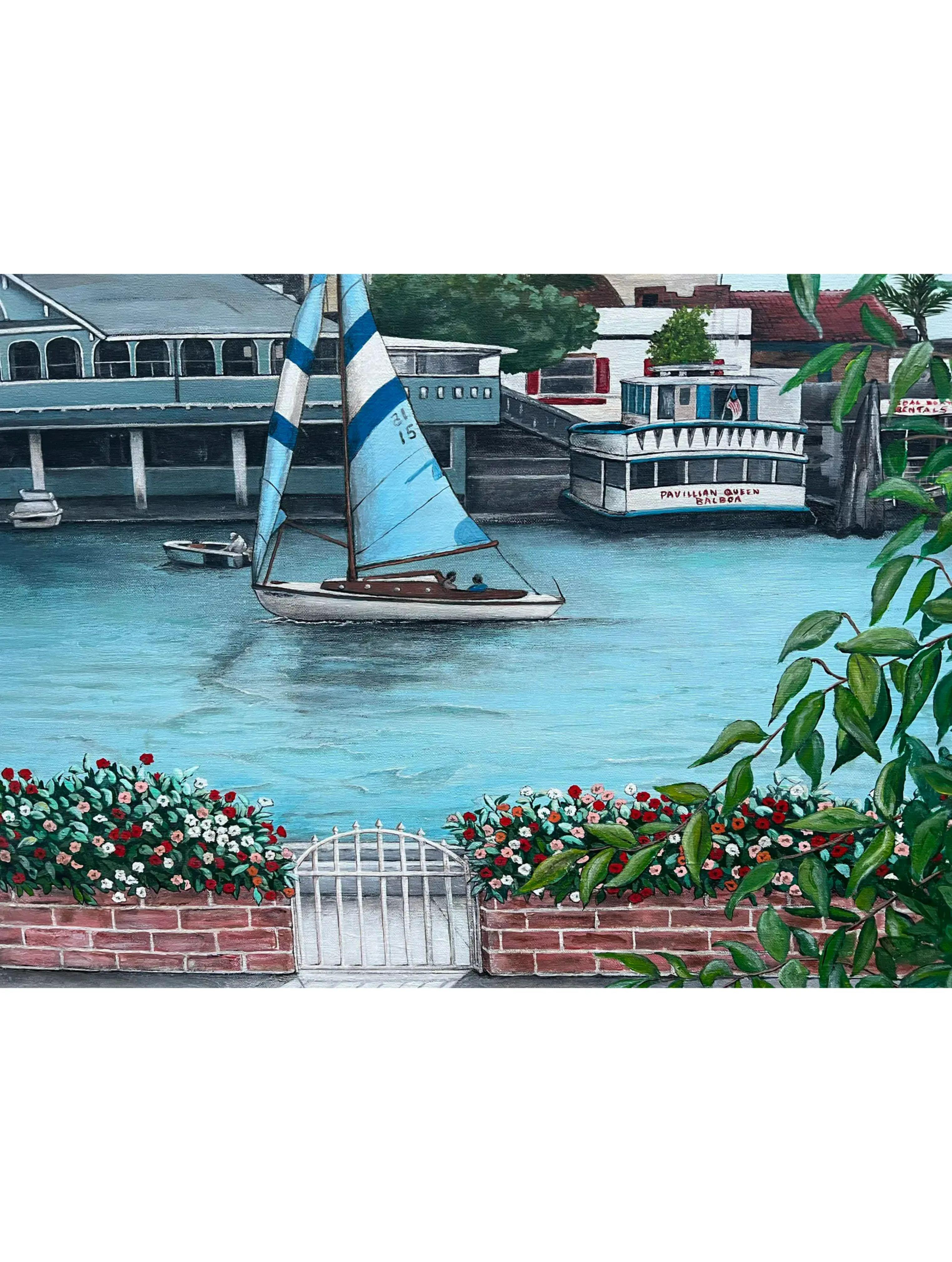 Contemporary California Oil Painting of Newport Balboa Harbor Painting by Shirley Piha For Sale